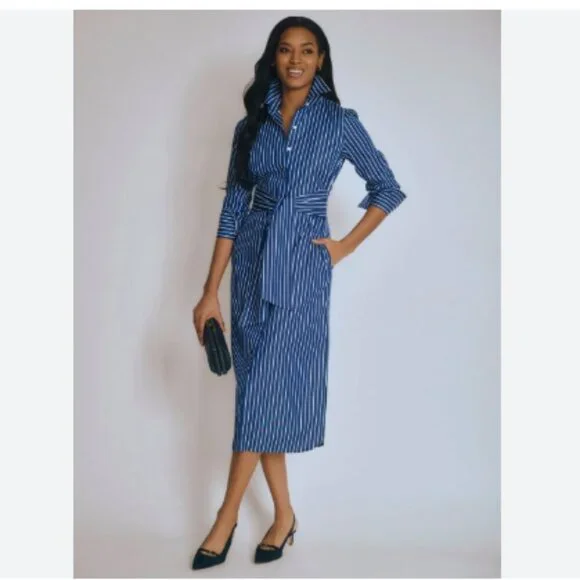 J.McLaughlin Orla Stripe Long Sleeve Tie Waist Button Front Midi Shirt Dress - Picture 1 of 9